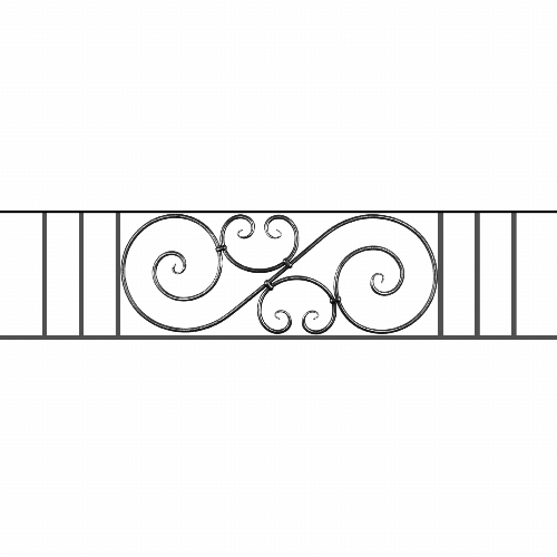 Appui de fenêtre type AF007 à sceller dans votre tableau de fenêtre. Longueur finie de 1580mm et Hauteur finie de 367mm. Convient pour les tableaux de fenêtre de 1480mm. 50mm de scellement sont prévue de chaque côté. Main courante laminée de 1480mm de long en fer forgé sur le dessus. Motif au centre de 900mm de long par 345mm de haut. Le reste de la structure est en acier carré plein de 14mm de section.