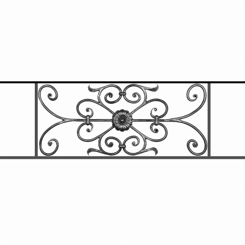 Appui de fenêtre type AF009 à sceller dans votre tableau de fenêtre. Longueur finie de 1010mm et Hauteur finie de 320mm. Convient pour les tableaux de fenêtre de 910mm. 50mm de scellement sont prévue de chaque côté. Main courante laminée de 910mm de long en fer forgé sur le dessus. Motif au centre de 700mm de long par 300mm de haut. Le reste de la structure est en acier carré plein de 12mm de section.