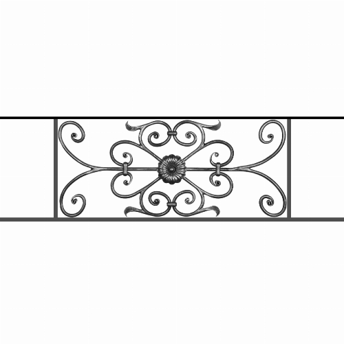 Appui de fenêtre type AF009 à sceller dans votre tableau de fenêtre. Longueur finie de 1050mm et Hauteur finie de 320mm. Convient pour les tableaux de fenêtre de 950mm. 50mm de scellement sont prévue de chaque côté. Main courante laminée de 950mm de long en fer forgé sur le dessus. Motif au centre de 700mm de long par 300mm de haut. Le reste de la structure est en acier carré plein de 12mm de section.