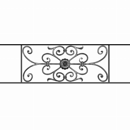 Appui de fenêtre type AF009 à sceller dans votre tableau de fenêtre. Longueur finie de 1060mm et Hauteur finie de 320mm. Convient pour les tableaux de fenêtre de 960mm. 50mm de scellement sont prévue de chaque côté. Main courante laminée de 960mm de long en fer forgé sur le dessus. Motif au centre de 700mm de long par 300mm de haut. Le reste de la structure est en acier carré plein de 12mm de section.