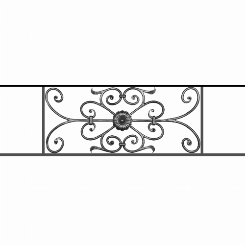 Appui de fenêtre type AF009 à sceller dans votre tableau de fenêtre. Longueur finie de 1100mm et Hauteur finie de 320mm. Convient pour les tableaux de fenêtre de 1000mm. 50mm de scellement sont prévue de chaque côté. Main courante laminée de 1000mm de long en fer forgé sur le dessus. Motif au centre de 700mm de long par 300mm de haut. Le reste de la structure est en acier carré plein de 12mm de section.