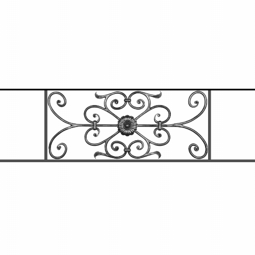 Appui de fenêtre type AF009 à sceller dans votre tableau de fenêtre. Longueur finie de 1110mm et Hauteur finie de 320mm. Convient pour les tableaux de fenêtre de 1010mm. 50mm de scellement sont prévue de chaque côté. Main courante laminée de 1010mm de long en fer forgé sur le dessus. Motif au centre de 700mm de long par 300mm de haut. Le reste de la structure est en acier carré plein de 12mm de section.