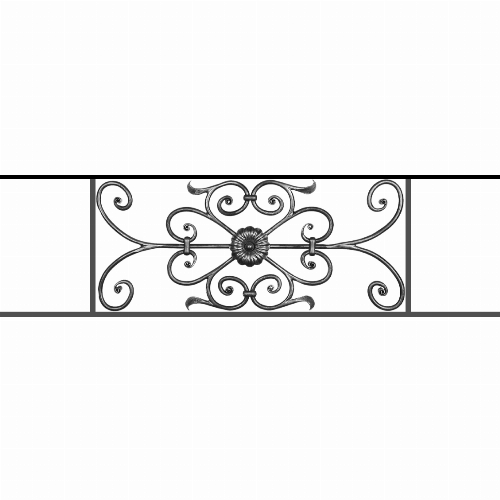 Appui de fenêtre type AF009 à sceller dans votre tableau de fenêtre. Longueur finie de 1130mm et Hauteur finie de 320mm. Convient pour les tableaux de fenêtre de 1030mm. 50mm de scellement sont prévue de chaque côté. Main courante laminée de 1030mm de long en fer forgé sur le dessus. Motif au centre de 700mm de long par 300mm de haut. Le reste de la structure est en acier carré plein de 12mm de section.