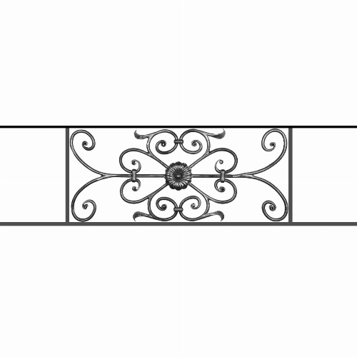 Appui de fenêtre type AF009 à sceller dans votre tableau de fenêtre. Longueur finie de 1140mm et Hauteur finie de 320mm. Convient pour les tableaux de fenêtre de 1040mm. 50mm de scellement sont prévue de chaque côté. Main courante laminée de 1040mm de long en fer forgé sur le dessus. Motif au centre de 700mm de long par 300mm de haut. Le reste de la structure est en acier carré plein de 12mm de section.