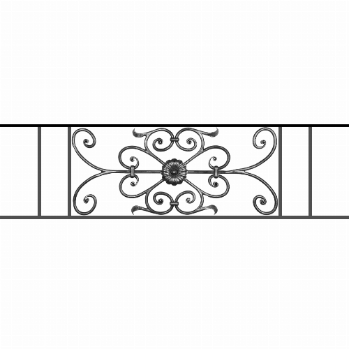 Appui de fenêtre type AF009 à sceller dans votre tableau de fenêtre. Longueur finie de 1180mm et Hauteur finie de 320mm. Convient pour les tableaux de fenêtre de 1080mm. 50mm de scellement sont prévue de chaque côté. Main courante laminée de 1080mm de long en fer forgé sur le dessus. Motif au centre de 700mm de long par 300mm de haut. Le reste de la structure est en acier carré plein de 12mm de section.