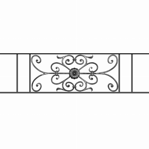 Appui de fenêtre type AF009 à sceller dans votre tableau de fenêtre. Longueur finie de 1190mm et Hauteur finie de 320mm. Convient pour les tableaux de fenêtre de 1090mm. 50mm de scellement sont prévue de chaque côté. Main courante laminée de 1090mm de long en fer forgé sur le dessus. Motif au centre de 700mm de long par 300mm de haut. Le reste de la structure est en acier carré plein de 12mm de section.