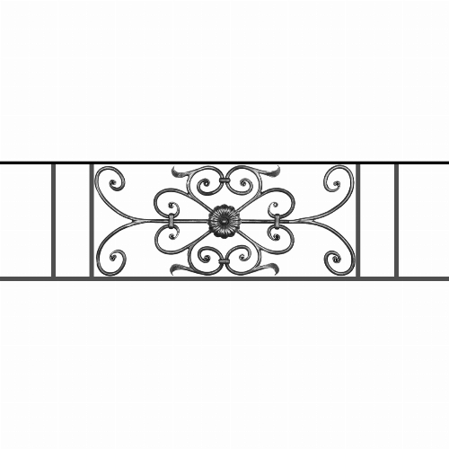 Appui de fenêtre type AF009 à sceller dans votre tableau de fenêtre. Longueur finie de 1200mm et Hauteur finie de 320mm. Convient pour les tableaux de fenêtre de 1100mm. 50mm de scellement sont prévue de chaque côté. Main courante laminée de 1100mm de long en fer forgé sur le dessus. Motif au centre de 700mm de long par 300mm de haut. Le reste de la structure est en acier carré plein de 12mm de section.