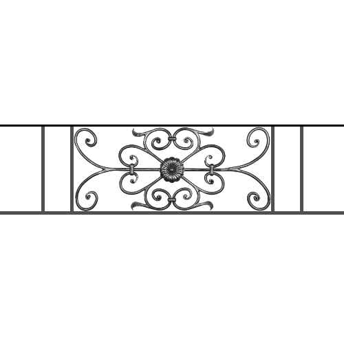 Appui de fenêtre type AF009 à sceller dans votre tableau de fenêtre. Longueur finie de 1220mm et Hauteur finie de 320mm. Convient pour les tableaux de fenêtre de 1120mm. 50mm de scellement sont prévue de chaque côté. Main courante laminée de 1120mm de long en fer forgé sur le dessus. Motif au centre de 700mm de long par 300mm de haut. Le reste de la structure est en acier carré plein de 12mm de section.