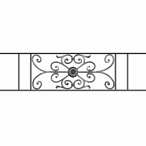Appui de fenêtre type AF009 à sceller dans votre tableau de fenêtre. Longueur finie de 1230mm et Hauteur finie de 320mm. Convient pour les tableaux de fenêtre de 1130mm. 50mm de scellement sont prévue de chaque côté. Main courante laminée de 1130mm de long en fer forgé sur le dessus. Motif au centre de 700mm de long par 300mm de haut. Le reste de la structure est en acier carré plein de 12mm de section.