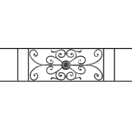 Appui de fenêtre type AF009 à sceller dans votre tableau de fenêtre. Longueur finie de 1250mm et Hauteur finie de 320mm. Convient pour les tableaux de fenêtre de 1150mm. 50mm de scellement sont prévue de chaque côté. Main courante laminée de 1150mm de long en fer forgé sur le dessus. Motif au centre de 700mm de long par 300mm de haut. Le reste de la structure est en acier carré plein de 12mm de section.