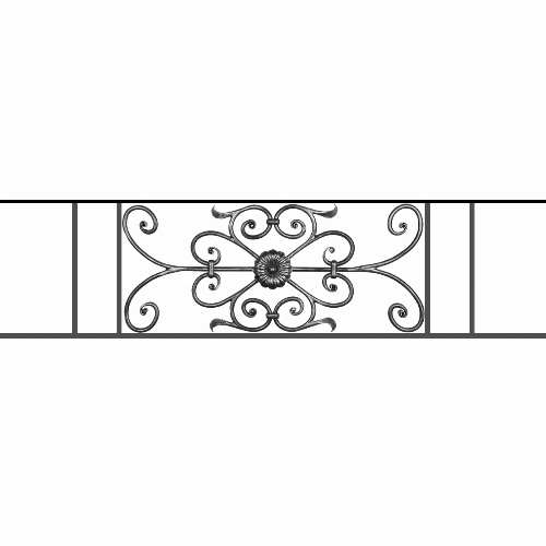 Appui de fenêtre type AF009 à sceller dans votre tableau de fenêtre. Longueur finie de 1260mm et Hauteur finie de 320mm. Convient pour les tableaux de fenêtre de 1160mm. 50mm de scellement sont prévue de chaque côté. Main courante laminée de 1160mm de long en fer forgé sur le dessus. Motif au centre de 700mm de long par 300mm de haut. Le reste de la structure est en acier carré plein de 12mm de section.