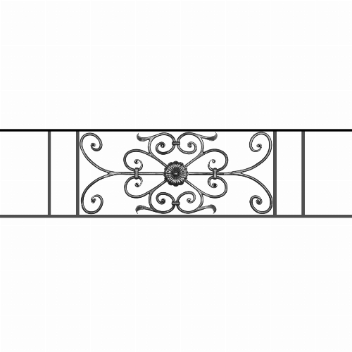 Appui de fenêtre type AF009 à sceller dans votre tableau de fenêtre. Longueur finie de 1270mm et Hauteur finie de 320mm. Convient pour les tableaux de fenêtre de 1170mm. 50mm de scellement sont prévue de chaque côté. Main courante laminée de 1170mm de long en fer forgé sur le dessus. Motif au centre de 700mm de long par 300mm de haut. Le reste de la structure est en acier carré plein de 12mm de section.