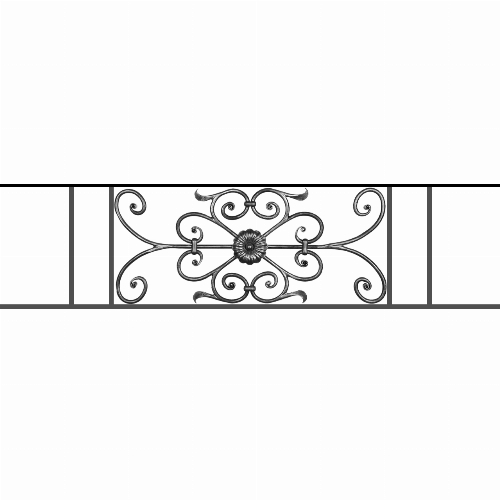 Appui de fenêtre type AF009 à sceller dans votre tableau de fenêtre. Longueur finie de 1280mm et Hauteur finie de 320mm. Convient pour les tableaux de fenêtre de 1180mm. 50mm de scellement sont prévue de chaque côté. Main courante laminée de 1180mm de long en fer forgé sur le dessus. Motif au centre de 700mm de long par 300mm de haut. Le reste de la structure est en acier carré plein de 12mm de section.