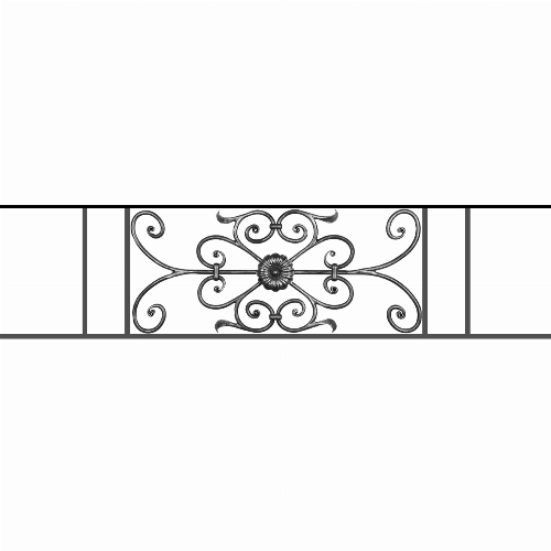 Appui de fenêtre type AF009 à sceller dans votre tableau de fenêtre. Longueur finie de 1320mm et Hauteur finie de 320mm. Convient pour les tableaux de fenêtre de 1220mm. 50mm de scellement sont prévue de chaque côté. Main courante laminée de 1220mm de long en fer forgé sur le dessus. Motif au centre de 700mm de long par 300mm de haut. Le reste de la structure est en acier carré plein de 12mm de section.