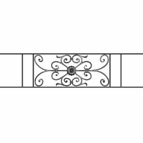 Appui de fenêtre type AF009 à sceller dans votre tableau de fenêtre. Longueur finie de 1330mm et Hauteur finie de 320mm. Convient pour les tableaux de fenêtre de 1230mm. 50mm de scellement sont prévue de chaque côté. Main courante laminée de 1230mm de long en fer forgé sur le dessus. Motif au centre de 700mm de long par 300mm de haut. Le reste de la structure est en acier carré plein de 12mm de section.
