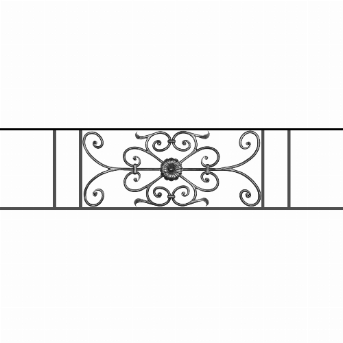 Appui de fenêtre type AF009 à sceller dans votre tableau de fenêtre. Longueur finie de 1340mm et Hauteur finie de 320mm. Convient pour les tableaux de fenêtre de 1240mm. 50mm de scellement sont prévue de chaque côté. Main courante laminée de 1240mm de long en fer forgé sur le dessus. Motif au centre de 700mm de long par 300mm de haut. Le reste de la structure est en acier carré plein de 12mm de section.
