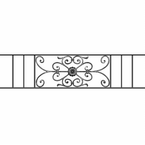 Appui de fenêtre type AF009 à sceller dans votre tableau de fenêtre. Longueur finie de 1360mm et Hauteur finie de 320mm. Convient pour les tableaux de fenêtre de 1260mm. 50mm de scellement sont prévue de chaque côté. Main courante laminée de 1260mm de long en fer forgé sur le dessus. Motif au centre de 700mm de long par 300mm de haut. Le reste de la structure est en acier carré plein de 12mm de section.