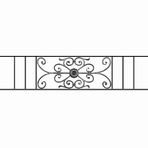 Appui de fenêtre type AF009 à sceller dans votre tableau de fenêtre. Longueur finie de 1390mm et Hauteur finie de 320mm. Convient pour les tableaux de fenêtre de 1290mm. 50mm de scellement sont prévue de chaque côté. Main courante laminée de 1290mm de long en fer forgé sur le dessus. Motif au centre de 700mm de long par 300mm de haut. Le reste de la structure est en acier carré plein de 12mm de section.