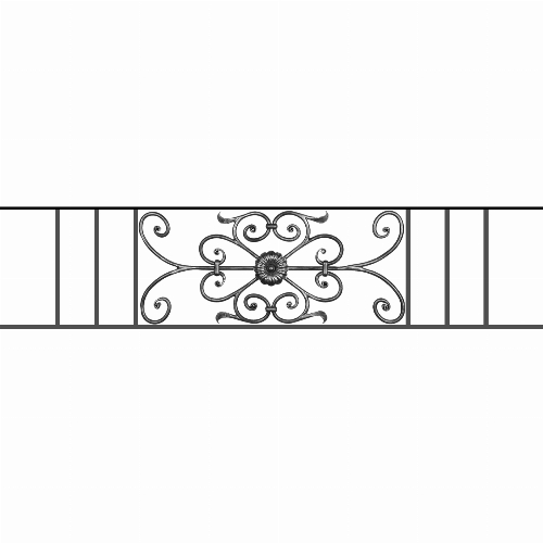 Appui de fenêtre type AF009 à sceller dans votre tableau de fenêtre. Longueur finie de 1420mm et Hauteur finie de 320mm. Convient pour les tableaux de fenêtre de 1320mm. 50mm de scellement sont prévue de chaque côté. Main courante laminée de 1320mm de long en fer forgé sur le dessus. Motif au centre de 700mm de long par 300mm de haut. Le reste de la structure est en acier carré plein de 12mm de section.