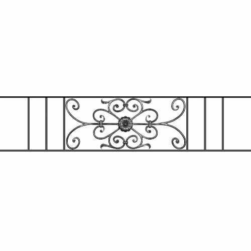 Appui de fenêtre type AF009 à sceller dans votre tableau de fenêtre. Longueur finie de 1450mm et Hauteur finie de 320mm. Convient pour les tableaux de fenêtre de 1350mm. 50mm de scellement sont prévue de chaque côté. Main courante laminée de 1350mm de long en fer forgé sur le dessus. Motif au centre de 700mm de long par 300mm de haut. Le reste de la structure est en acier carré plein de 12mm de section.