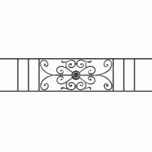 Appui de fenêtre type AF009 à sceller dans votre tableau de fenêtre. Longueur finie de 1460mm et Hauteur finie de 320mm. Convient pour les tableaux de fenêtre de 1360mm. 50mm de scellement sont prévue de chaque côté. Main courante laminée de 1360mm de long en fer forgé sur le dessus. Motif au centre de 700mm de long par 300mm de haut. Le reste de la structure est en acier carré plein de 12mm de section.