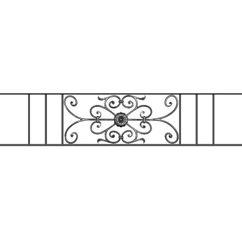 Appui de fenêtre type AF009 à sceller dans votre tableau de fenêtre. Longueur finie de 1470mm et Hauteur finie de 320mm. Convient pour les tableaux de fenêtre de 1370mm. 50mm de scellement sont prévue de chaque côté. Main courante laminée de 1370mm de long en fer forgé sur le dessus. Motif au centre de 700mm de long par 300mm de haut. Le reste de la structure est en acier carré plein de 12mm de section.