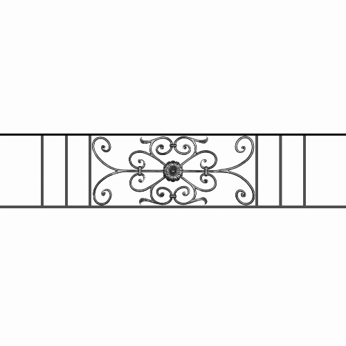 Appui de fenêtre type AF009 à sceller dans votre tableau de fenêtre. Longueur finie de 1480mm et Hauteur finie de 320mm. Convient pour les tableaux de fenêtre de 1380mm. 50mm de scellement sont prévue de chaque côté. Main courante laminée de 1380mm de long en fer forgé sur le dessus. Motif au centre de 700mm de long par 300mm de haut. Le reste de la structure est en acier carré plein de 12mm de section.