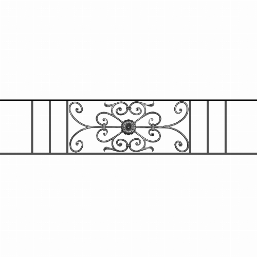 Appui de fenêtre type AF009 à sceller dans votre tableau de fenêtre. Longueur finie de 1490mm et Hauteur finie de 320mm. Convient pour les tableaux de fenêtre de 1390mm. 50mm de scellement sont prévue de chaque côté. Main courante laminée de 1390mm de long en fer forgé sur le dessus. Motif au centre de 700mm de long par 300mm de haut. Le reste de la structure est en acier carré plein de 12mm de section.