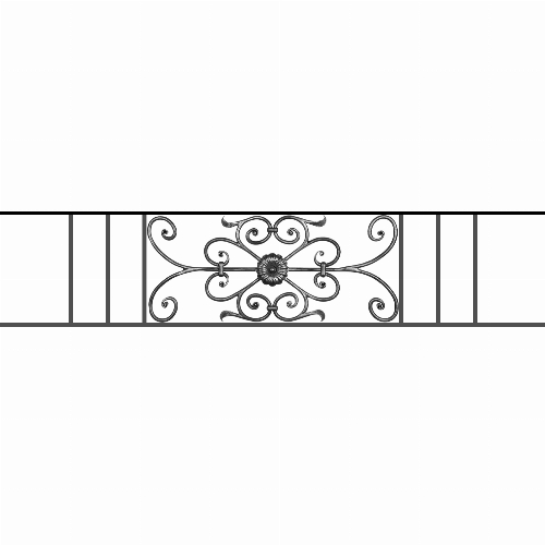 Appui de fenêtre type AF009 à sceller dans votre tableau de fenêtre. Longueur finie de 1510mm et Hauteur finie de 320mm. Convient pour les tableaux de fenêtre de 1410mm. 50mm de scellement sont prévue de chaque côté. Main courante laminée de 1410mm de long en fer forgé sur le dessus. Motif au centre de 700mm de long par 300mm de haut. Le reste de la structure est en acier carré plein de 12mm de section.