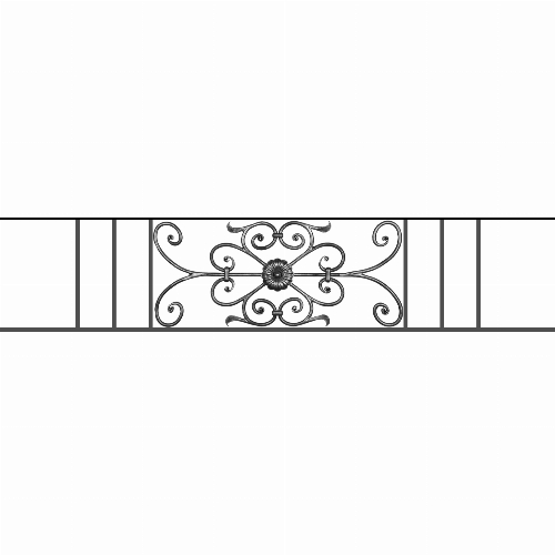 Appui de fenêtre type AF009 à sceller dans votre tableau de fenêtre. Longueur finie de 1550mm et Hauteur finie de 320mm. Convient pour les tableaux de fenêtre de 1450mm. 50mm de scellement sont prévue de chaque côté. Main courante laminée de 1450mm de long en fer forgé sur le dessus. Motif au centre de 700mm de long par 300mm de haut. Le reste de la structure est en acier carré plein de 12mm de section.