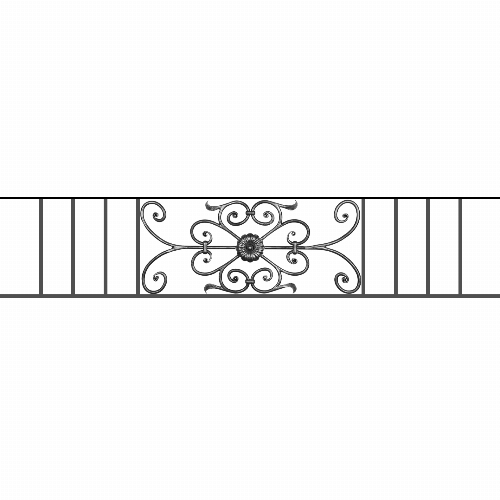 Appui de fenêtre type AF009 à sceller dans votre tableau de fenêtre. Longueur finie de 1580mm et Hauteur finie de 320mm. Convient pour les tableaux de fenêtre de 1480mm. 50mm de scellement sont prévue de chaque côté. Main courante laminée de 1480mm de long en fer forgé sur le dessus. Motif au centre de 700mm de long par 300mm de haut. Le reste de la structure est en acier carré plein de 12mm de section.