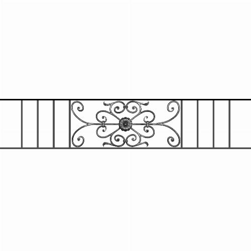 Appui de fenêtre type AF009 à sceller dans votre tableau de fenêtre. Longueur finie de 1600mm et Hauteur finie de 320mm. Convient pour les tableaux de fenêtre de 1500mm. 50mm de scellement sont prévue de chaque côté. Main courante laminée de 1500mm de long en fer forgé sur le dessus. Motif au centre de 700mm de long par 300mm de haut. Le reste de la structure est en acier carré plein de 12mm de section.