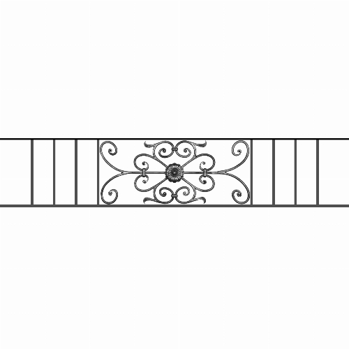 Appui de fenêtre type AF009 à sceller dans votre tableau de fenêtre. Longueur finie de 1620mm et Hauteur finie de 320mm. Convient pour les tableaux de fenêtre de 1520mm. 50mm de scellement sont prévue de chaque côté. Main courante laminée de 1520mm de long en fer forgé sur le dessus. Motif au centre de 700mm de long par 300mm de haut. Le reste de la structure est en acier carré plein de 12mm de section.