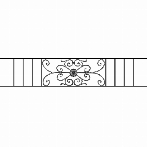 Appui de fenêtre type AF009 à sceller dans votre tableau de fenêtre. Longueur finie de 1630mm et Hauteur finie de 320mm. Convient pour les tableaux de fenêtre de 1530mm. 50mm de scellement sont prévue de chaque côté. Main courante laminée de 1530mm de long en fer forgé sur le dessus. Motif au centre de 700mm de long par 300mm de haut. Le reste de la structure est en acier carré plein de 12mm de section.