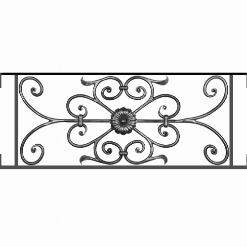 Appui de fenêtre type AF009 à visser dans votre tableau de fenêtre. Longueur finie de 820mm et Hauteur finie de 320mm. Convient pour les tableaux de fenêtre de 820mm. Main courante laminée de 820mm de long en fer forgé sur le dessus. Motif au centre de 700mm de long par 300mm de haut. Le reste de la structure est en acier carré plein de 12mm de section.