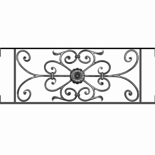 Appui de fenêtre type AF009 à visser dans votre tableau de fenêtre. Longueur finie de 880mm et Hauteur finie de 320mm. Convient pour les tableaux de fenêtre de 880mm. Main courante laminée de 880mm de long en fer forgé sur le dessus. Motif au centre de 700mm de long par 300mm de haut. Le reste de la structure est en acier carré plein de 12mm de section.