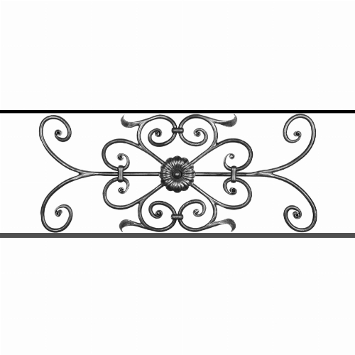 Appui de fenêtre type AF009 à sceller dans votre tableau de fenêtre. Longueur finie de 890mm et Hauteur finie de 320mm. Convient pour les tableaux de fenêtre de 790mm. 50mm de scellement sont prévue de chaque côté. Main courante laminée de 790mm de long en fer forgé sur le dessus. Motif au centre de 700mm de long par 300mm de haut. Le reste de la structure est en acier carré plein de 12mm de section.