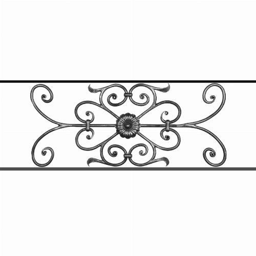 Appui de fenêtre type AF009 à sceller dans votre tableau de fenêtre. Longueur finie de 910mm et Hauteur finie de 320mm. Convient pour les tableaux de fenêtre de 810mm. 50mm de scellement sont prévue de chaque côté. Main courante laminée de 810mm de long en fer forgé sur le dessus. Motif au centre de 700mm de long par 300mm de haut. Le reste de la structure est en acier carré plein de 12mm de section.