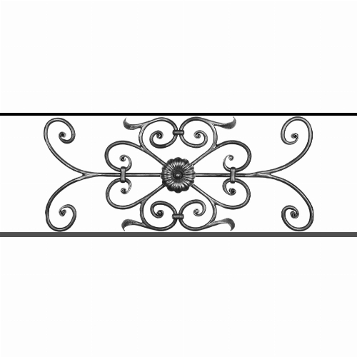 Appui de fenêtre type AF009 à sceller dans votre tableau de fenêtre. Longueur finie de 920mm et Hauteur finie de 320mm. Convient pour les tableaux de fenêtre de 820mm. 50mm de scellement sont prévue de chaque côté. Main courante laminée de 820mm de long en fer forgé sur le dessus. Motif au centre de 700mm de long par 300mm de haut. Le reste de la structure est en acier carré plein de 12mm de section.