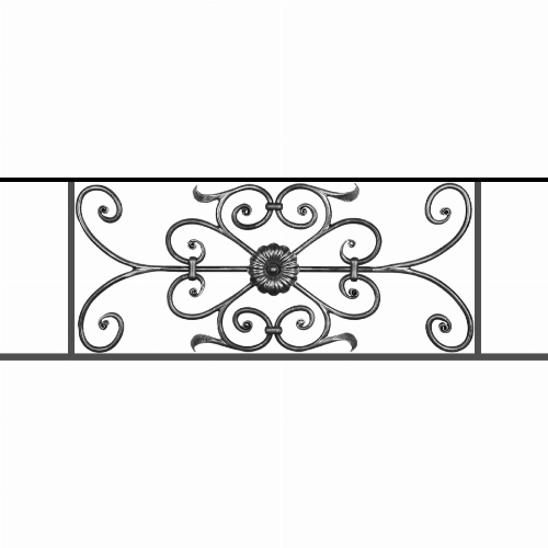 Appui de fenêtre type AF009 à sceller dans votre tableau de fenêtre. Longueur finie de 960mm et Hauteur finie de 320mm. Convient pour les tableaux de fenêtre de 860mm. 50mm de scellement sont prévue de chaque côté. Main courante laminée de 860mm de long en fer forgé sur le dessus. Motif au centre de 700mm de long par 300mm de haut. Le reste de la structure est en acier carré plein de 12mm de section.