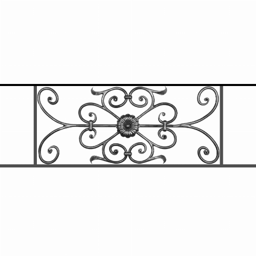 Appui de fenêtre type AF009 à sceller dans votre tableau de fenêtre. Longueur finie de 980mm et Hauteur finie de 320mm. Convient pour les tableaux de fenêtre de 880mm. 50mm de scellement sont prévue de chaque côté. Main courante laminée de 880mm de long en fer forgé sur le dessus. Motif au centre de 700mm de long par 300mm de haut. Le reste de la structure est en acier carré plein de 12mm de section.