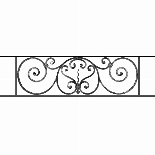 Appui de fenêtre type AF011 à sceller dans votre tableau de fenêtre. Longueur finie de 1100mm et Hauteur finie de 290mm. Convient pour les tableaux de fenêtre de 1000mm. 50mm de scellement sont prévue de chaque côté. Main courante laminée de 1000mm de long en fer forgé sur le dessus. Motif au centre de 860mm de long par 270mm de haut. Le reste de la structure est en acier carré plein de 12mm de section.