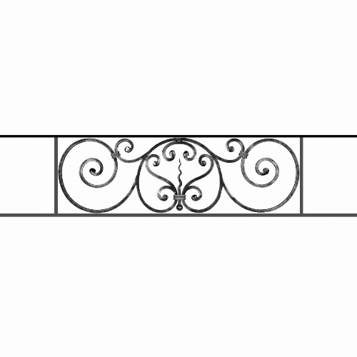 Appui de fenêtre type AF011 à sceller dans votre tableau de fenêtre. Longueur finie de 1270mm et Hauteur finie de 290mm. Convient pour les tableaux de fenêtre de 1170mm. 50mm de scellement sont prévue de chaque côté. Main courante laminée de 1170mm de long en fer forgé sur le dessus. Motif au centre de 860mm de long par 270mm de haut. Le reste de la structure est en acier carré plein de 12mm de section.