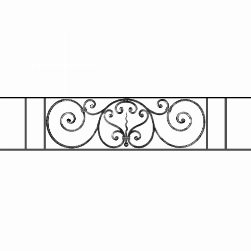 Appui de fenêtre type AF011 à sceller dans votre tableau de fenêtre. Longueur finie de 1350mm et Hauteur finie de 290mm. Convient pour les tableaux de fenêtre de 1250mm. 50mm de scellement sont prévue de chaque côté. Main courante laminée de 1250mm de long en fer forgé sur le dessus. Motif au centre de 860mm de long par 270mm de haut. Le reste de la structure est en acier carré plein de 12mm de section.