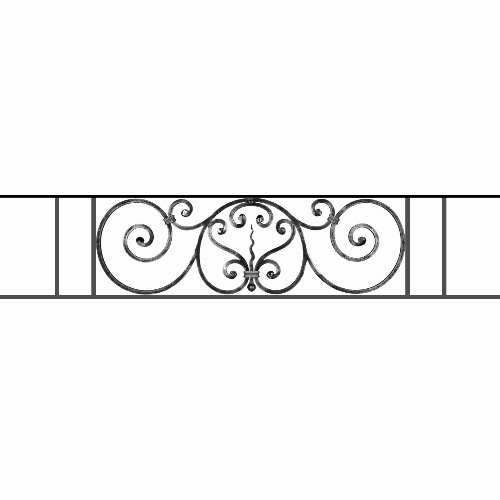 Appui de fenêtre type AF011 à sceller dans votre tableau de fenêtre. Longueur finie de 1390mm et Hauteur finie de 290mm. Convient pour les tableaux de fenêtre de 1290mm. 50mm de scellement sont prévue de chaque côté. Main courante laminée de 1290mm de long en fer forgé sur le dessus. Motif au centre de 860mm de long par 270mm de haut. Le reste de la structure est en acier carré plein de 12mm de section.