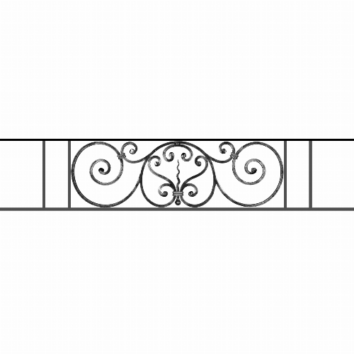 Appui de fenêtre type AF011 à sceller dans votre tableau de fenêtre. Longueur finie de 1430mm et Hauteur finie de 290mm. Convient pour les tableaux de fenêtre de 1330mm. 50mm de scellement sont prévue de chaque côté. Main courante laminée de 1330mm de long en fer forgé sur le dessus. Motif au centre de 860mm de long par 270mm de haut. Le reste de la structure est en acier carré plein de 12mm de section.