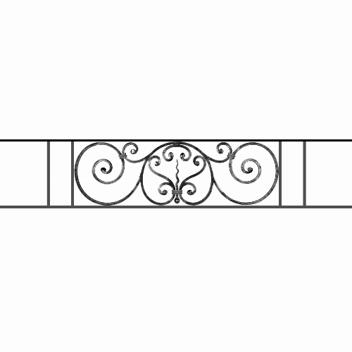 Appui de fenêtre type AF011 à sceller dans votre tableau de fenêtre. Longueur finie de 1480mm et Hauteur finie de 290mm. Convient pour les tableaux de fenêtre de 1380mm. 50mm de scellement sont prévue de chaque côté. Main courante laminée de 1380mm de long en fer forgé sur le dessus. Motif au centre de 860mm de long par 270mm de haut. Le reste de la structure est en acier carré plein de 12mm de section.