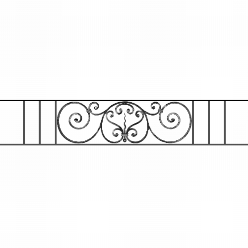 Appui de fenêtre type AF011 à sceller dans votre tableau de fenêtre. Longueur finie de 1580mm et Hauteur finie de 290mm. Convient pour les tableaux de fenêtre de 1480mm. 50mm de scellement sont prévue de chaque côté. Main courante laminée de 1480mm de long en fer forgé sur le dessus. Motif au centre de 860mm de long par 270mm de haut. Le reste de la structure est en acier carré plein de 12mm de section.