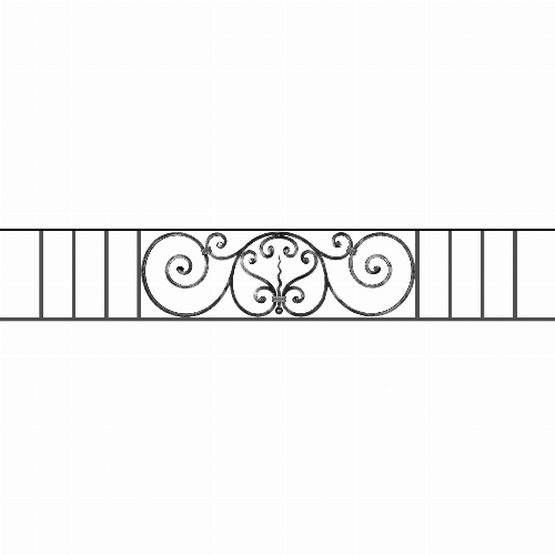 Appui de fenêtre type AF011 à sceller dans votre tableau de fenêtre. Longueur finie de 1740mm et Hauteur finie de 290mm. Convient pour les tableaux de fenêtre de 1640mm. 50mm de scellement sont prévue de chaque côté. Main courante laminée de 1640mm de long en fer forgé sur le dessus. Motif au centre de 860mm de long par 270mm de haut. Le reste de la structure est en acier carré plein de 12mm de section.