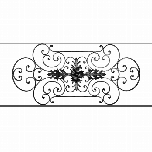 Appui de fenêtre type AF012 à sceller dans votre tableau de fenêtre. Longueur finie de 1290mm et Hauteur finie de 544mm. Convient pour les tableaux de fenêtre de 1190mm. 50mm de scellement sont prévue de chaque côté. Main courante laminée de 1190mm de long en fer forgé sur le dessus. Motif au centre de 1090mm de long par 520mm de haut. Le reste de la structure est en tube acier carré de 16mm de section.